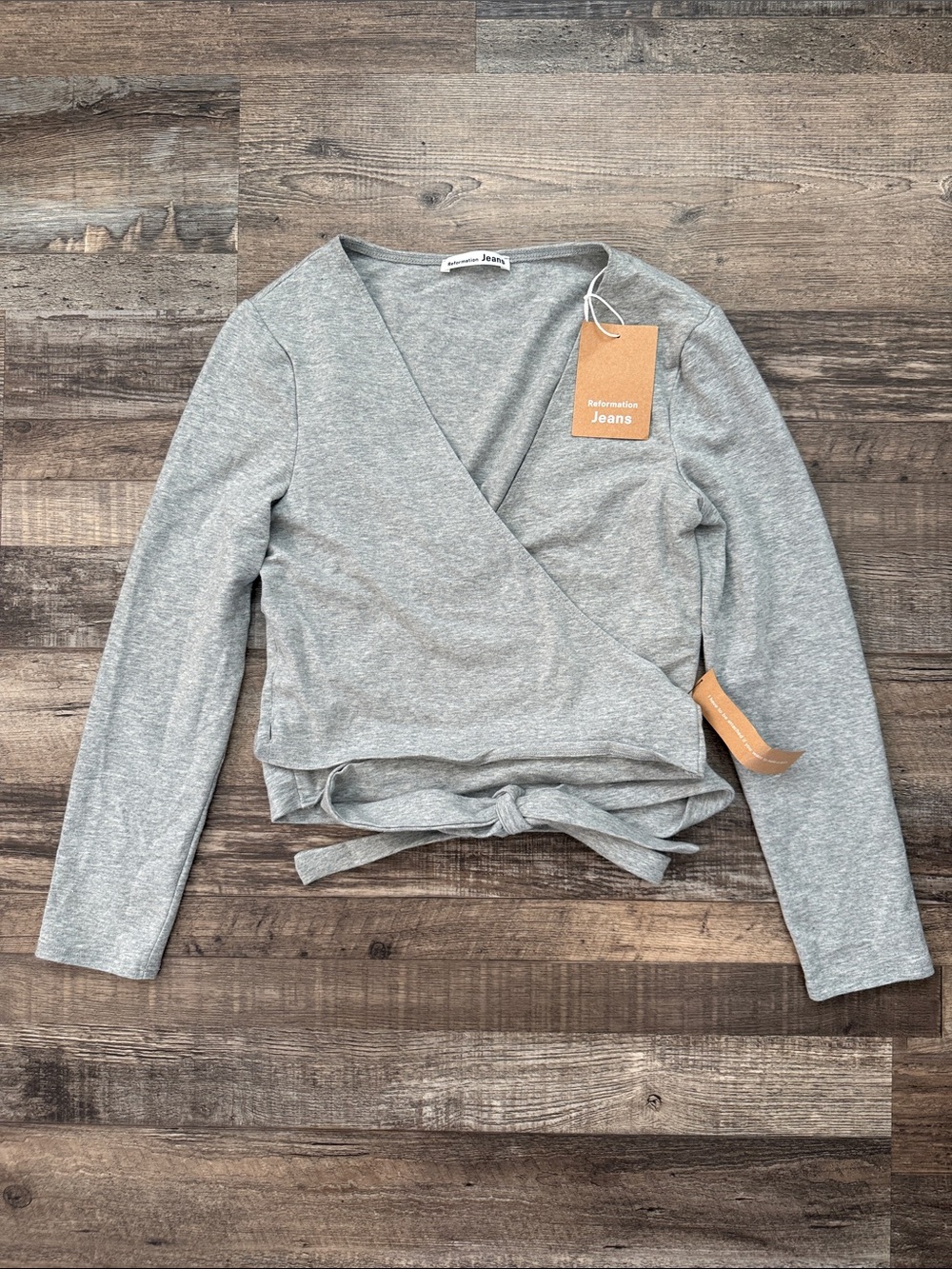 Reformation Jeans Light Grey Wrap Tie Long Sleeve Catarina Top
